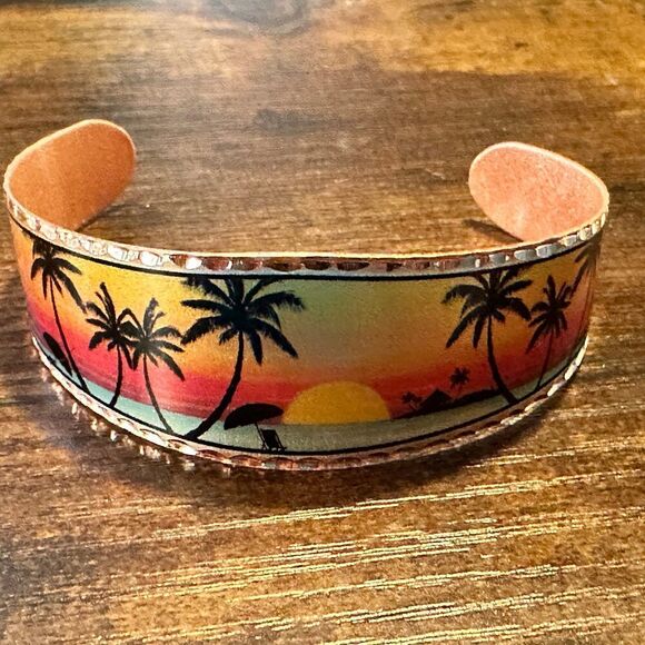 Handmade Boho Tropical Cuff Bracelet, Florida Tropical Palm Wide Cuff Bracelet, - Picture 6 of 9